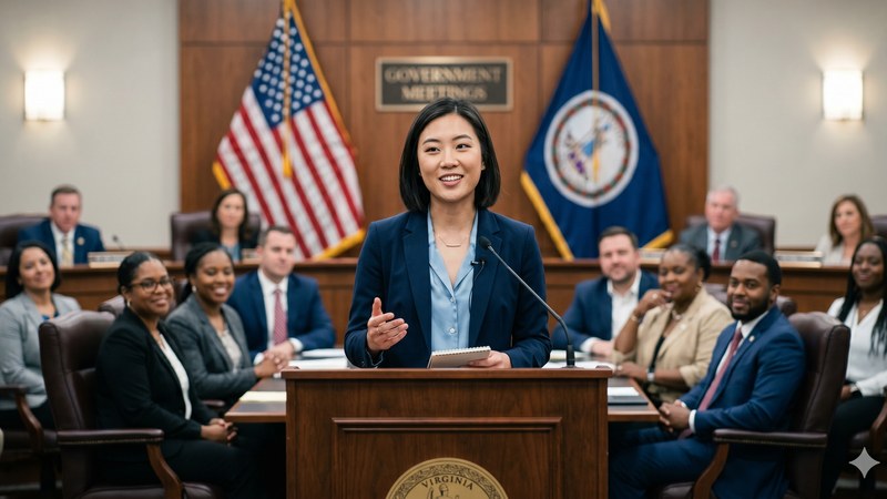 Young Asian American speaking at a government podium
